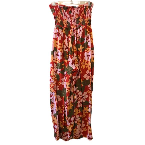 Tropical Floral Strapless Jumpsuit Long Pants Ruched Bodice Red Yellow Summer M - Picture 5 of 11